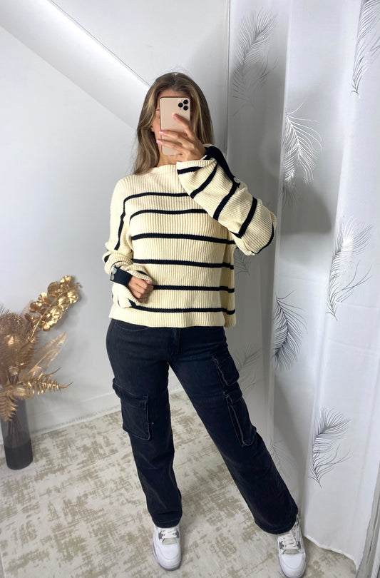 Pull rayรฉ ines beige