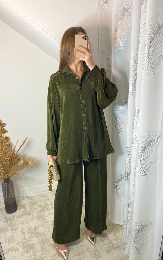Ensemble plissรฉ kaki